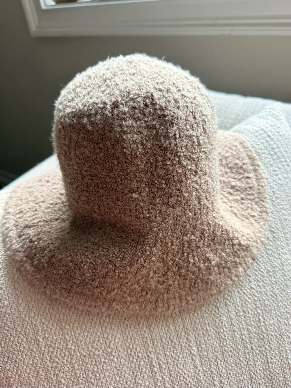 Tan Bouclé Wide Brim Fedora Bucket Hat
